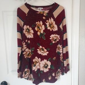 You're Gonna Be Ok Floral Striped Sleeve Top in Burgundy